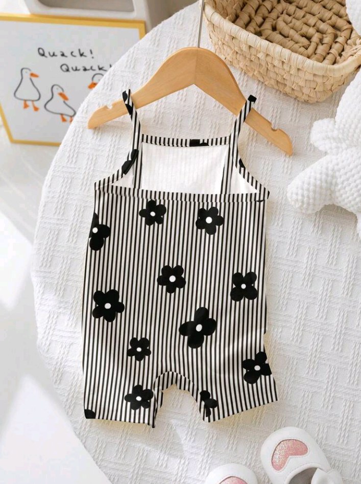 PrepCrw Vintage Cute Navy And White Contrast Striped Mini Floral Print Baby Girl Camisole Romper Spring/Summer Beach Vacation Summer 2026 Graphic Tops