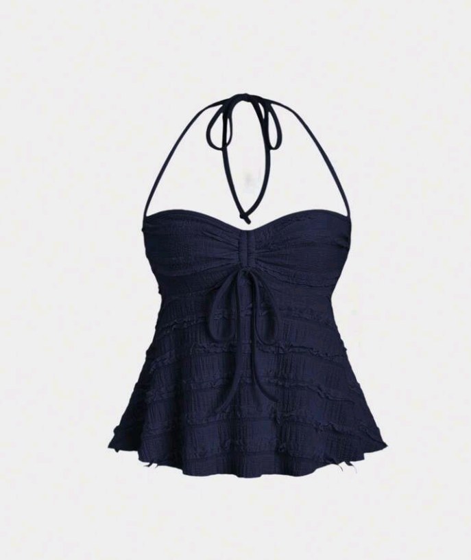 Women Solid Drawstring Bust Halter Tops Y2K