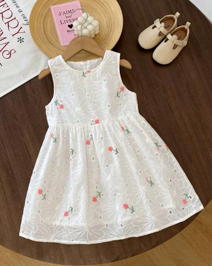 Girls' Casual Sleeveless Dress, Korean Style Embroidered Floral Princess Dress, Minimalist Tank Dress, Summer